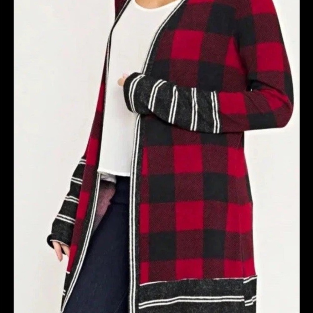 Chic buffalo Plaid Open Front Cardigan size large NEW